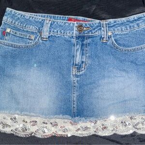 YMI Y2K Denim Mini Skirt w/Lace Sequin Hem; Size 11; Festival Coquette